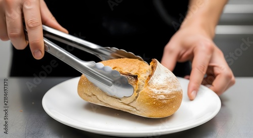 Person holding fresh sourdough bread loaf with metal tongs on a plate