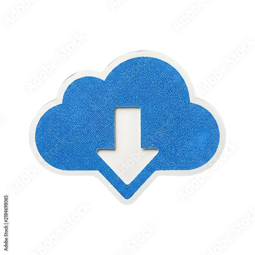 Cloud download icon featuring textured blue surface with white arrow symbol and clean soft shadow effect created for digital interfaces placed on transparent background