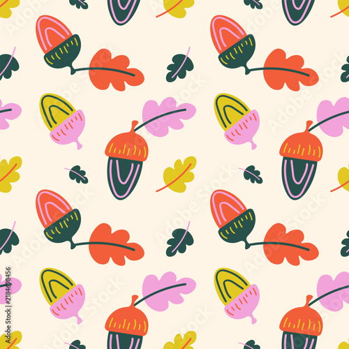 Seamless hand drawn pattern of colorful stylized acorns and oak leaves in pink, coral, mustard, and dark teal on a light cream background. Ideal for whimsical autumn forest textiles and digital paper.