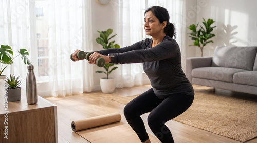 Mature South Asian woman doing dumbbell squats for strength training in a bright home living room.
