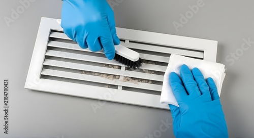 Person in blue gloves cleaning a dusty home air vent with a brush