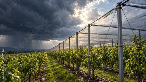 Vineyard with protective netting against storm clouds and rain