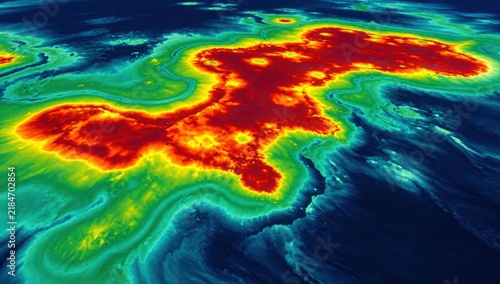 Thermal map, aerial geological texture. Yellow red formations, deep blue surrounding fields. Topographic landscape, psychedelic color transitions.