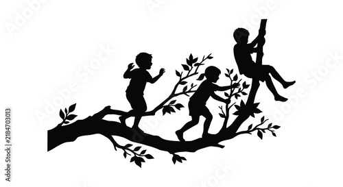 Children climbing a tree branch are depicted in a black silhouette