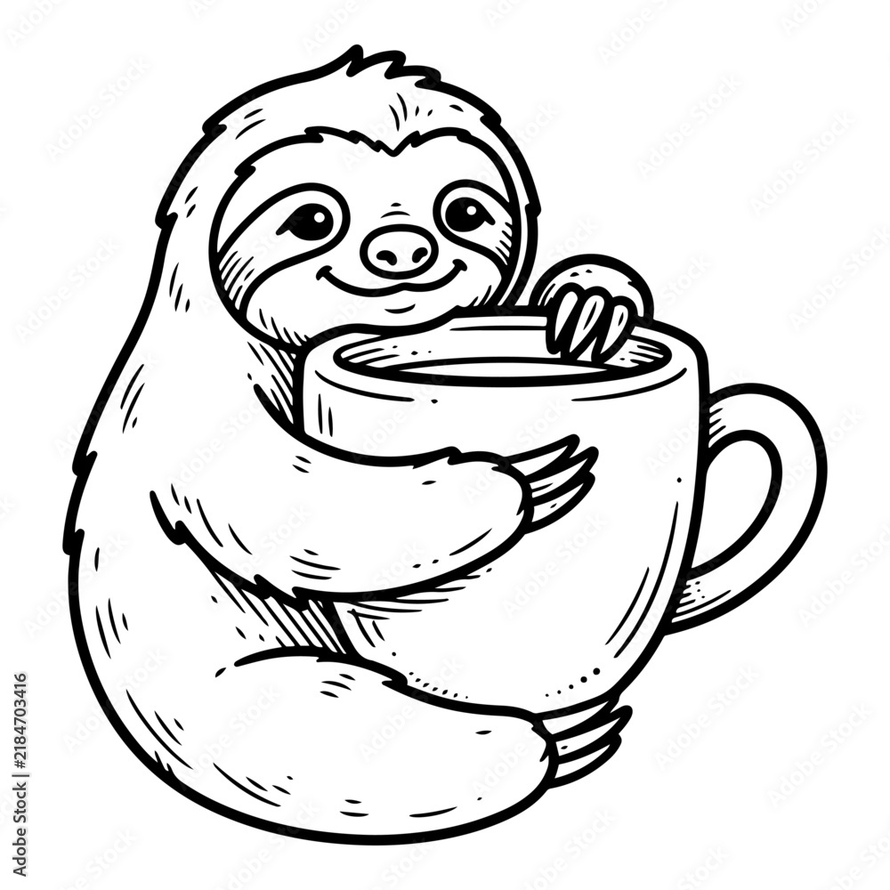 Obraz premium Sloth Hugging a Coffee Cup Black and White Illustration. Coffee line art tattoo