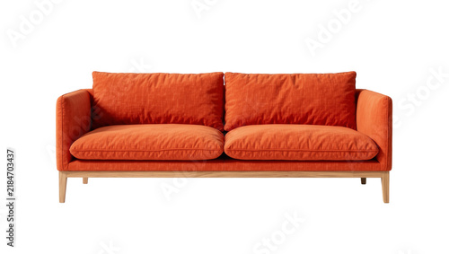 Фотография Orange fabric sofa with wooden legs, isolated on transparent background