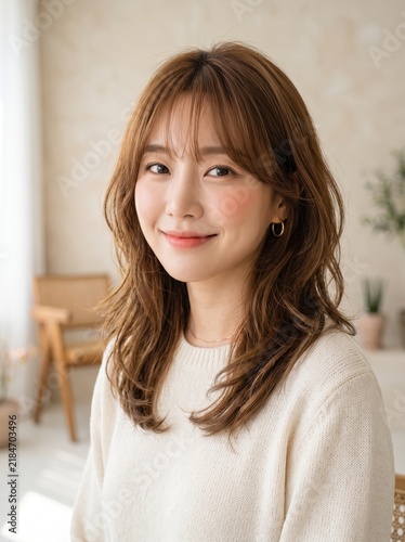Smiling young woman showcasing a beautiful medium wavy hair style indoors