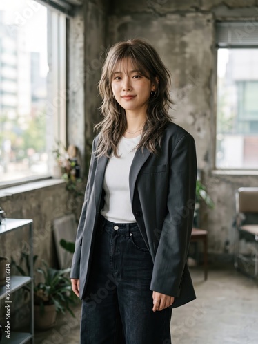 Young Asian woman showcases a trendy layered hair style with unique color in a modern setting