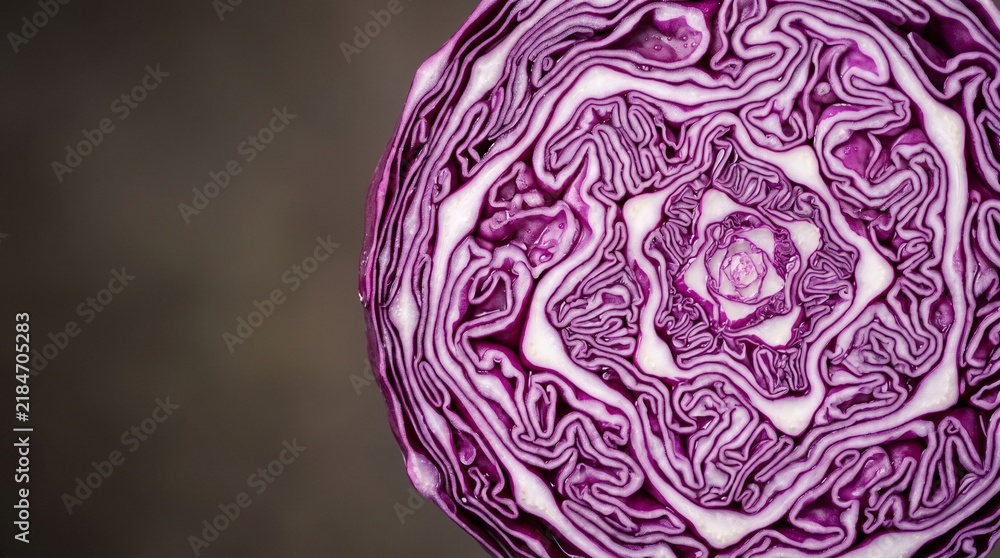 Obraz premium Vibrant Close-Up Of A Sliced Red Cabbage Revealing Intricate Purple And White Patterns