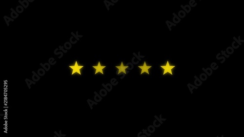 Five yellow stars glowing on black background rating animation