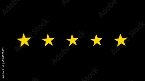 Five glowing yellow rating stars pulsing and flashing on a black background