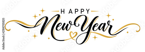 Elegant happy new year calligraphy with gold swirls and glitter accents gold lettering script star accents calligraphy celebration typography seasonal greeting