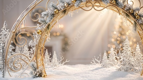 Elegant Golden Christmas Frame with Frosted Foliage and Soft Light Rays