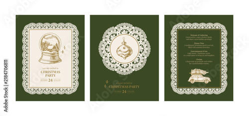 Christmas invitation cards with hand drawn holiday ornament. Lace border with handcrafted elements. Festive mood, elegant vintage style. Vector sketch illustration.