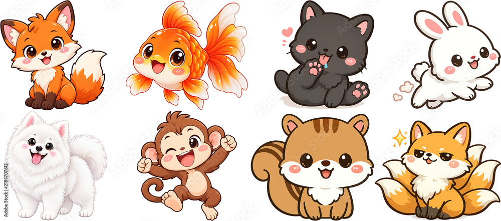 Fototapeta premium Cute Animals Vector Sticker Collection Set