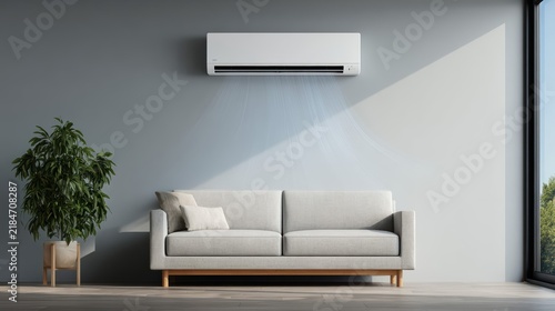 Ultra realistic modern living room with a wall air conditioner dispersing blue airflow ribbons. Soft daylight and minimal decor highlight home comfort and technology.