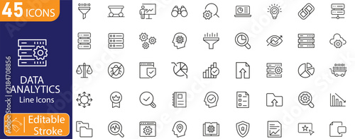 Data Analytics icons set. Includes data analysis, business intelligence, data visualization,  graphs, dashboards, statistics, reports, and performance insights symbols. Editable stroke. Line icons