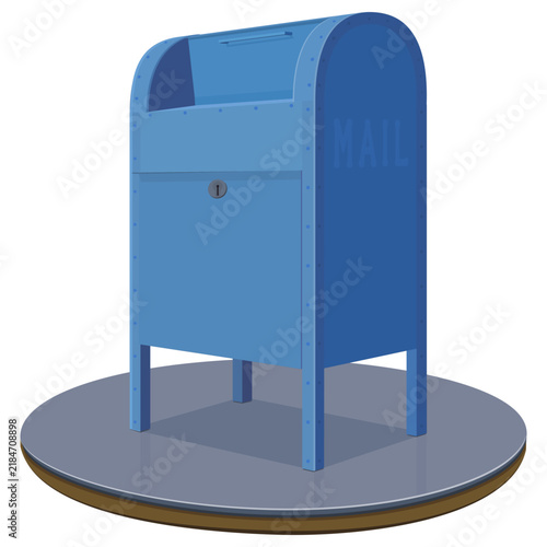 Classic blue street collection mailbox on circular pavement platform representing USPS postal delivery, mail dispatch, communication, and courier logistics (cut out)