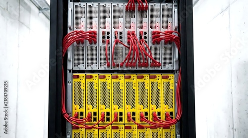 Closeup of server rack hardware with red ethernet cables connected to highdensity networking equipment and yellow modular server blades