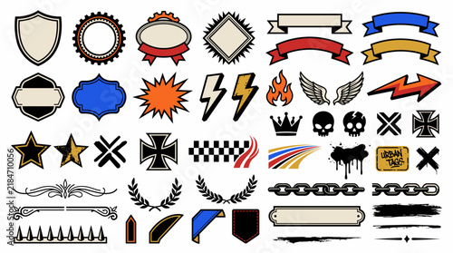 Extensive set of urban streetwear badge elements and design components featuring ribbons, stars, skulls, wings, and chains. Professional graphic toolkit for apparel branding and logo design.