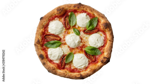 Canvastavla Neapolitan pizza with fresh mozzarella sun-dried tomatoes and basil leaves, isol