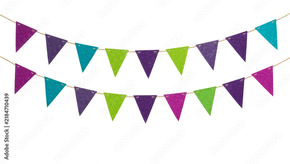 Obraz premium Two rows of colorful felt triangle bunting flags, isolated on transparent background