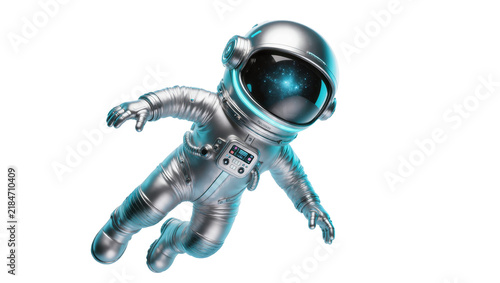 Bild auf Leinwand Shiny silver astronaut suit with glowing blue helmet visor, isolated on transpar