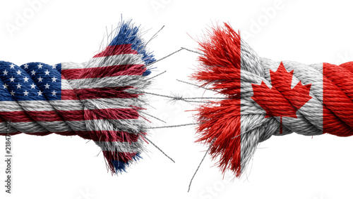 Konstfotografi Torn rope with USA and Canada flags, isolated on transparent background