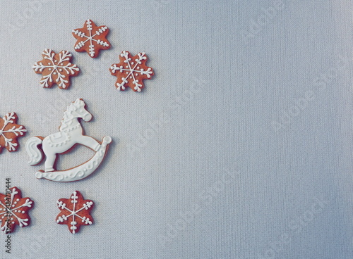 Christmas Gingerbread Rocking Horse and Snowflake Cookies Festive Background