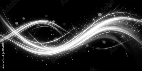 Abstract flowing light streaks with sparkling particles on black background glowing waves dynamic motion light trails energy flow shimmering dust design eleme