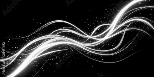Flowing white energy light curves with sparkle particles on dark background glowing waves abstract flow sparkling particles light trails black background