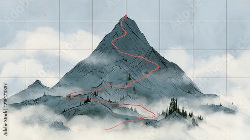 Mountain peak with a winding road leading to the summit surrounded by clouds and trees