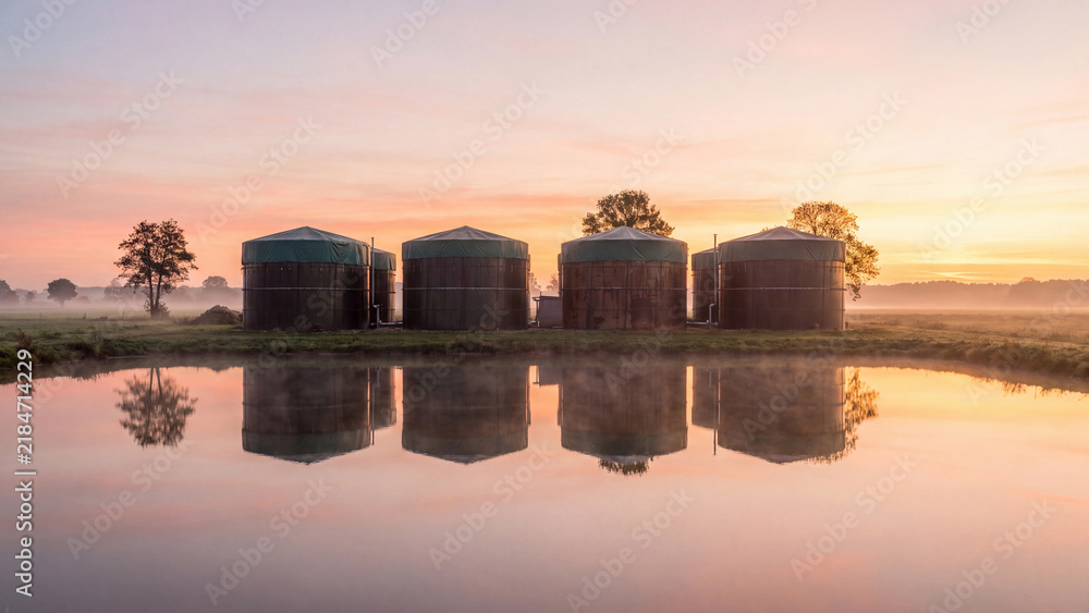 Obraz premium Biogas production and renewable energy, agricultural digester tanks reflected in a rural pond at sunrise with morning mist for sustainable bioenergy and organic waste processing