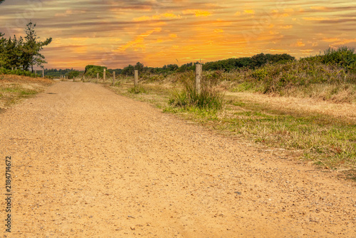 Chemin de randonnées à la pointe de Mousterlin sous coucher de soleil. Finistère