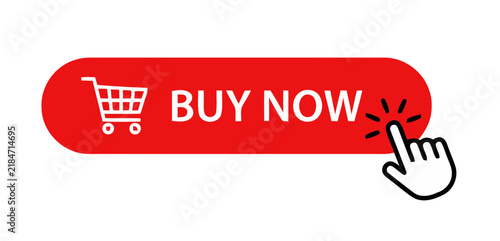 Red rectangular buy now call to action button with shopping cart icon and mouse click cursor shopping interface ecommerce marketing rectangle graphics commerce purchase transaction checkout