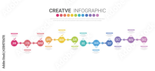 Template presentation 4 quarter, calendar presentation 12 months, Infographic Timeline can be used for workflow, process diagram, flow chart