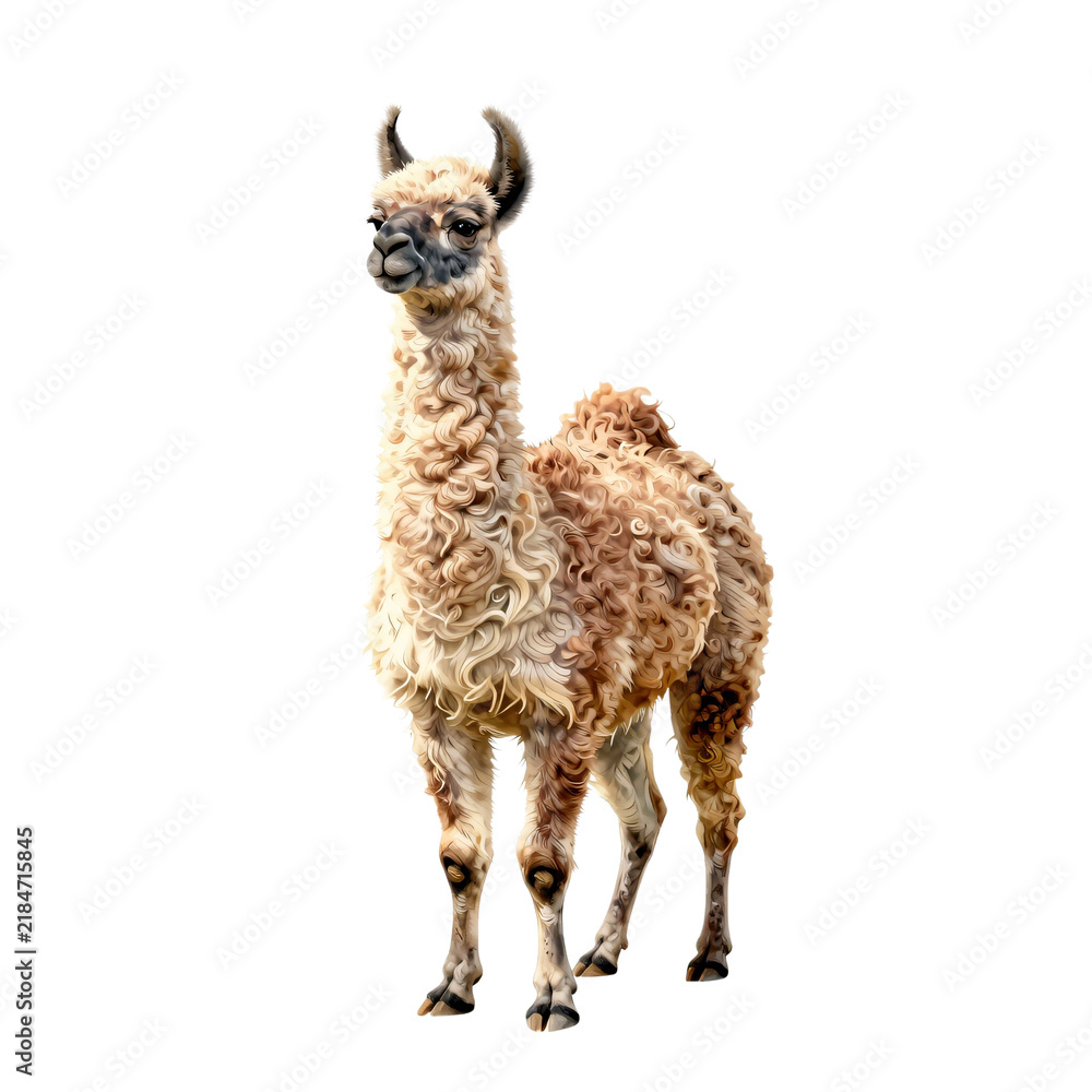 Fototapeta premium A fluffy camelid with curly wool stands facing forward on a white background