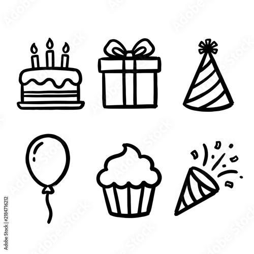 Birthday Icon Symbol Set with Brush Outline