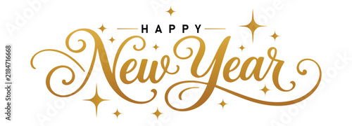 Happy new year golden typography with sparkling star design elements gold typography star accents gold glitter celebration calligraphy seasonal card festive lettering