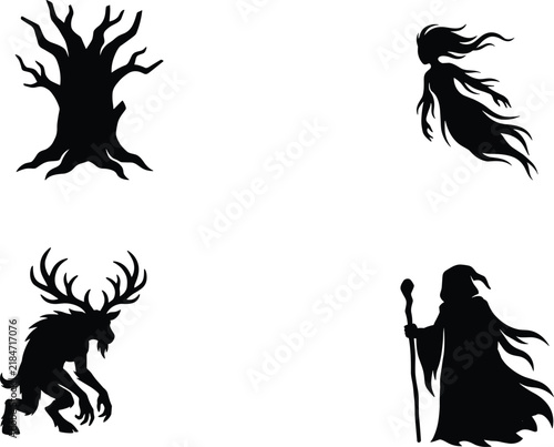 Bild auf Leinwand Spooky Fantasy Monsters Set Spooky Tree Banshee Ghost Wendigo Sorcerer Vector Si