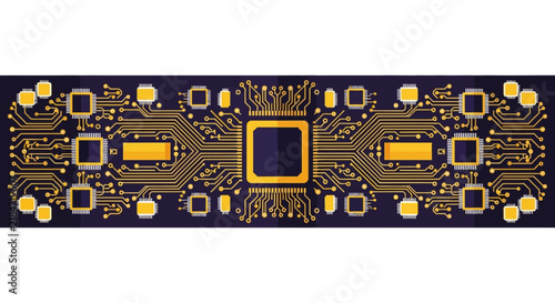 Gold Circuit Board and Microchip Vector Illustration for Technology and AI Concepts