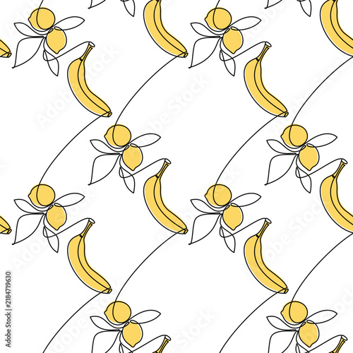 Hand drawn lemon branch with leaves and banana seamless pattern vector. Line continuous backdrop illustration. Exotic citrus fruit background. Food wallpaper, kitchen print, poster, package design.