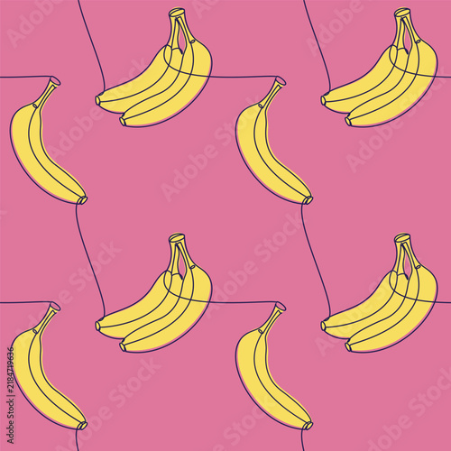 Pink wallpaper. Kitchen print. Hand drawn yellow banana seamless pattern vector. Line continuous food illustration. Exotic citrus fruit background, hand drawn poster, package design.