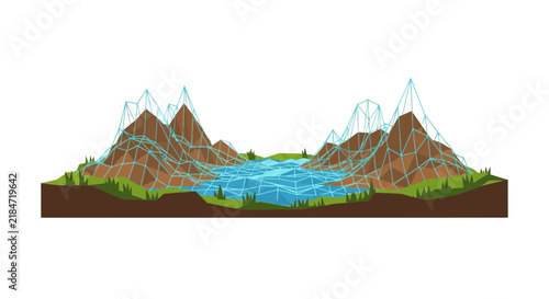 Low Poly Mountain Landscape with Digital Wireframe Mesh and Lake