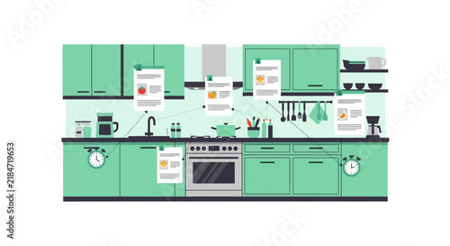 Modern Flat Vector Illustration of Smart Kitchen with Recipe Planning