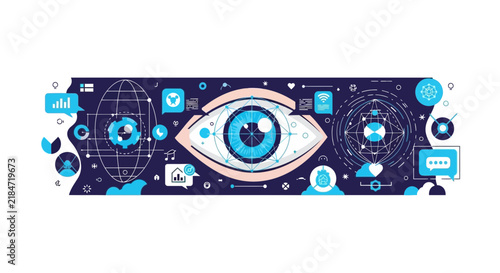Modern Flat Illustration of a Digital Eye with Data Icons and Global Network for Cybersecurity and AI Concepts