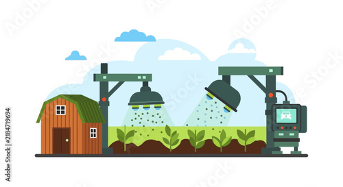 Smart Agriculture and Automated Irrigation Robotic Arms Illustration