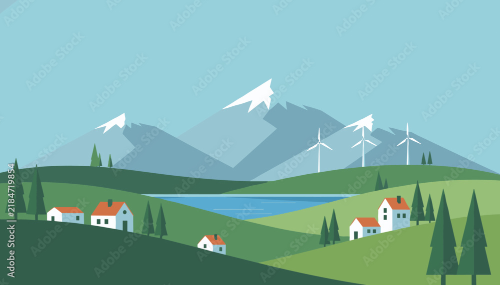 Fototapeta premium Peaceful flat landscape illustration of a mountain village by a lake with green hills, pine trees, and wind turbines.