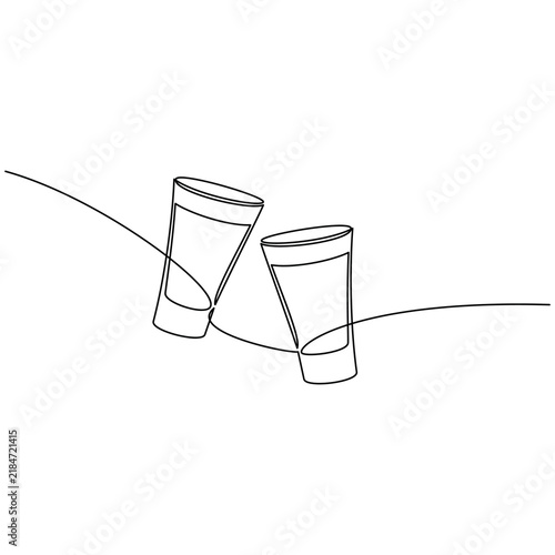Cheers one line continuous drawing. Hand drawn vodka glass. Bourbon drink vector illustration. Whiskey bar print, linear silhouette. Minimal pub wall art poster, banner, card, brochure, menu.