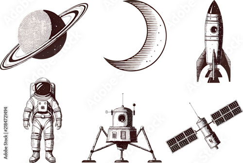 Vintage space exploration vector set containing six separate isolated objects: Saturn, crescent moon, classic rocket, astronaut, lunar lander, and artificial satellite, arranged as a balanced collecti